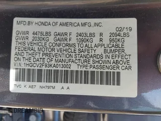 2019 Honda Accord Touring with VIN 1HGCV2F93KA013002, listed as a IAAI auction lot 42519920 with 76,841 mi miles and . Bid and sale history available at DreamBid. Image 9.