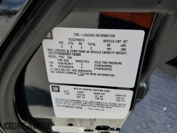 2003 Chevrolet Corvette with VIN 1G1YY32G535115264, listed as a Copart auction lot 77983894 with 0 mi miles and Non Repairable. Bid and sale history available at carsss.com. Image 13.