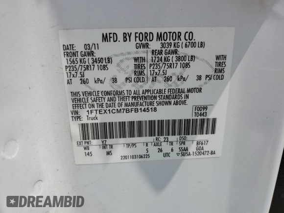2011 Ford F-150 XL with VIN 1FTEX1CM7BFB14518, listed as a Copart auction lot 59216615 with 163,625 mi miles and Salvage title. Bid and sale history available at DreamBid. Image 12.