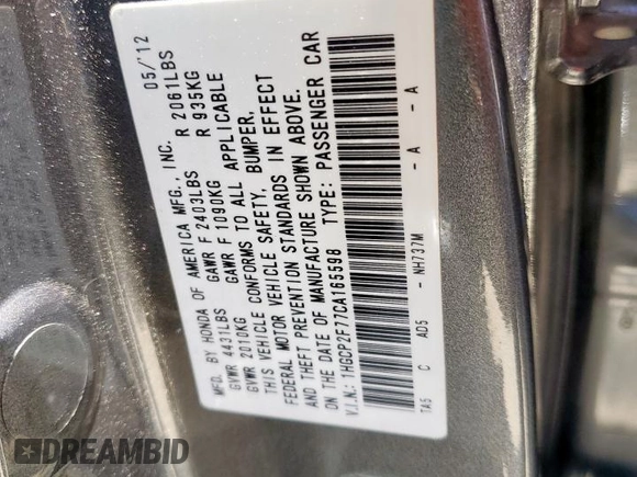 2012 Honda Accord EX with VIN 1HGCP2F77CA165598, listed as a Copart auction lot 61184235 with 163,258 mi miles and Salvage title. Bid and sale history available at DreamBid. Image 12.