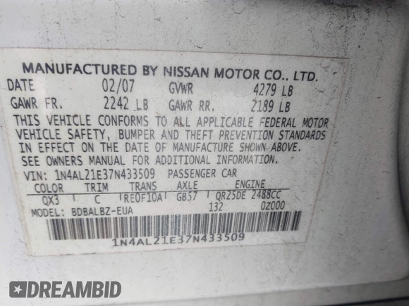 2007 Nissan Altima 2.5 with VIN 1N4AL21E37N433509, listed as a IAAI auction lot 41606909 with 91,571 mi miles. Bid and sale history available at carsss.com. Image 9.