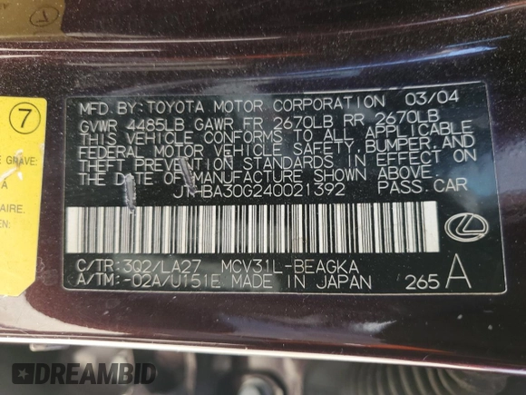 2004 Lexus ES 350 with VIN JTHBA30G240021392, listed as a Copart auction lot 55012755 with 147,382 mi miles and Clean Title. Bid and sale history available at DreamBid. Image 12.