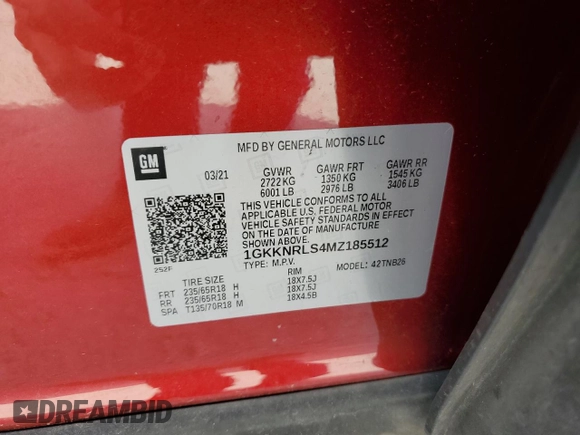 2021 GMC Acadia SLE with VIN 1GKKNRLS4MZ185512, listed as a Copart auction lot 44438985 with 39,688 mi miles and Salvage Title. Bid and sale history available at carsss.com. Image 13.