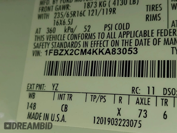 2019 Ford Transit Passenger XL with VIN 1FBZX2CM4KKA83053, listed as a IAAI auction lot 41036935 with 42,195 mi miles. Bid and sale history available at carsss.com. Image 9.