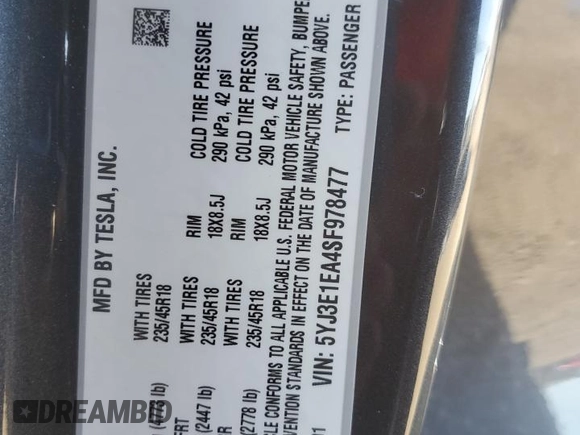 2025 Tesla Model 3 Long Range with VIN 5YJ3E1EA4SF978477, listed as a Copart auction lot 58525905 with 1,531 mi miles and Salvage title. Bid and sale history available at DreamBid. Image 13.