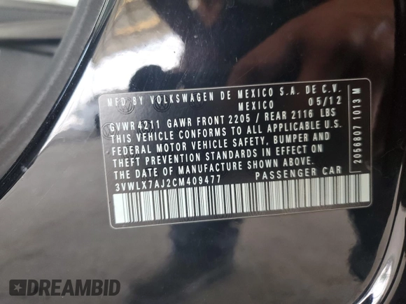 2012 Volkswagen Jetta SEL with VIN 3VWLX7AJ2CM409477, listed as a Copart auction lot 59476915 with 156,035 mi miles and Salvage title. Bid and sale history available at DreamBid. Image 12.