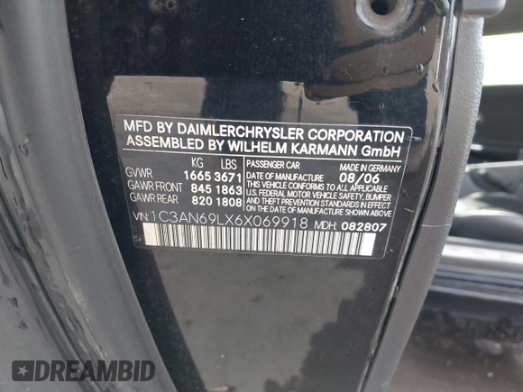 2006 Chrysler Crossfire Limited with VIN 1C3AN69LX6X069918, listed as a IAAI auction lot 41377430 with 156,034 mi miles and . Bid and sale history available at DreamBid. Image 9.