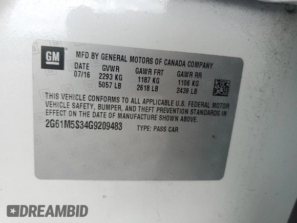 2016 Cadillac XTS Luxury Collection with VIN 2G61M5S34G9209483, listed as a Copart auction lot 54611105 with 23,778 mi miles and Salvage title. Bid and sale history available at DreamBid. Image 13.