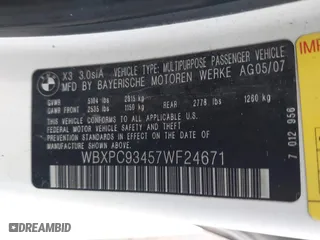 2007 BMW X3 3.0si with VIN WBXPC93457WF24671, listed as a IAAI auction lot 41916704 with 164,015 mi miles. Bid and sale history available at carsss.com. Image 9.