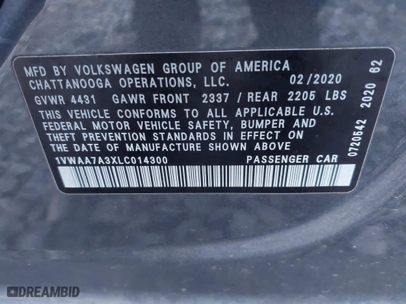 2020 Volkswagen Passat 2.0T S with VIN 1VWAA7A3XLC014300, listed as a IAAI auction lot 41431010 with 145,842 mi miles. Bid and sale history available at carsss.com. Image 9.