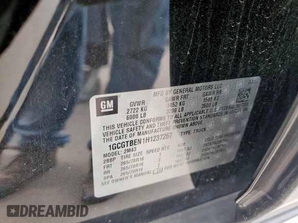 2017 Chevrolet Colorado 4WD WT with VIN 1GCGTBEN1H1237267, listed as a Copart auction lot 57251995 with 90,788 mi miles and Salvage title. Bid and sale history available at DreamBid. Image 12.