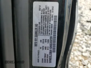 2013 Smart fortwo Pure with VIN WMEEJ3BA1DK633239, listed as a Copart auction lot 54829205 with 147,647 mi miles and Salvage Title. Bid and sale history available at carsss.com. Image 12.