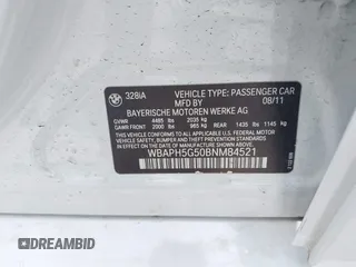 2011 BMW 3 Series 328i with VIN WBAPH5G50BNM84521, listed as a IAAI auction lot 42420705 with 124,351 mi miles and . Bid and sale history available at DreamBid. Image 9.