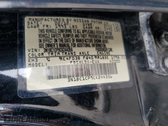2012 Nissan Versa S with VIN 3N1BC1CP9CK244356, listed as a Copart auction lot 51953855 with 76,628 mi miles and Clean Title. Bid and sale history available at DreamBid. Image 13.