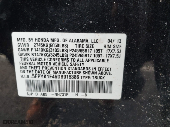 2013 Honda Ridgeline RTS with VIN 5FPYK1F46DB015386, listed as a IAAI auction lot 41928477 with 275,963 mi miles. Bid and sale history available at carsss.com. Image 9.