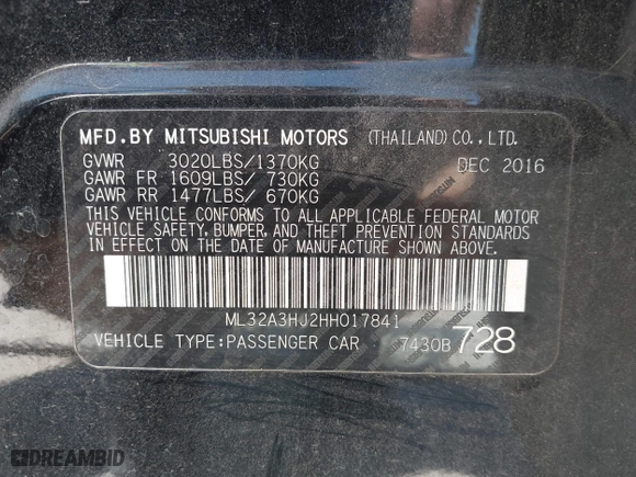 2017 Mitsubishi Mirage ES with VIN ML32A3HJ2HH017841, listed as a IAAI auction lot 42020596 with 112,959 mi miles. Bid and sale history available at carsss.com. Image 9.