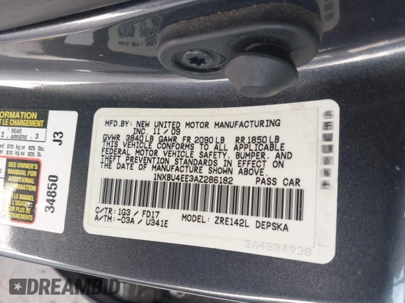 2010 Toyota Corolla with VIN 1NXBU4EE3AZ286182, listed as a IAAI auction lot 42047243 with 1 mi miles. Bid and sale history available at carsss.com. Image 9.