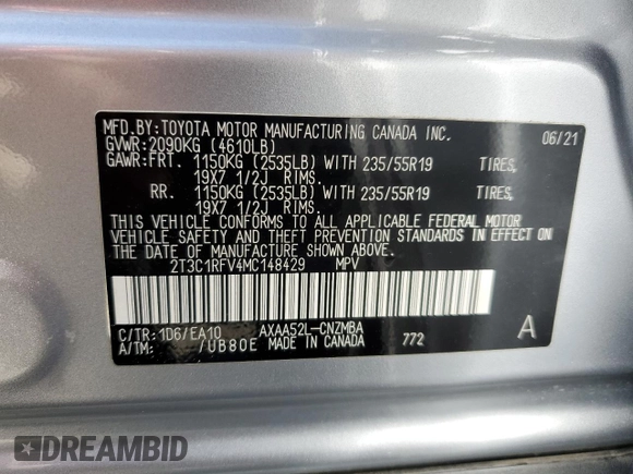 2021 Toyota RAV4 XLE Premium with VIN 2T3C1RFV4MC148429, listed as a Copart auction lot 58264395 with 26,799 mi miles and Salvage title. Bid and sale history available at DreamBid. Image 13.