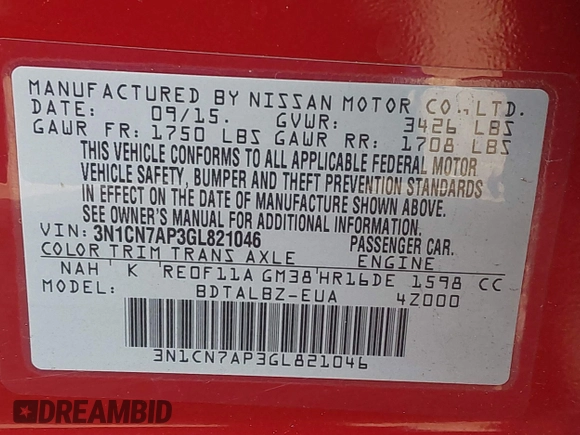 2016 Nissan Versa S Plus with VIN 3N1CN7AP3GL821046, listed as a IAAI auction lot 41916736 with 103,584 mi miles. Bid and sale history available at carsss.com. Image 9.