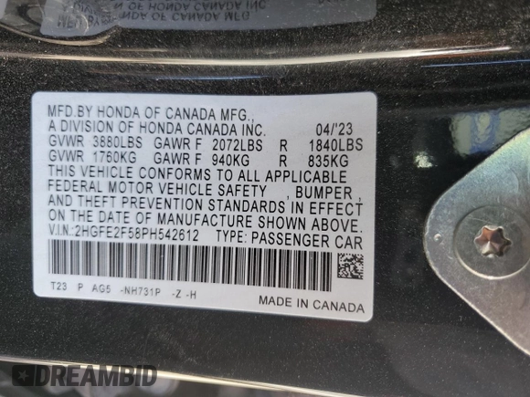 2023 Honda Civic Sedan Sport with VIN 2HGFE2F58PH542612, listed as a Copart auction lot 48127365 with 39,553 mi miles and Salvage Title. Bid and sale history available at carsss.com. Image 12.