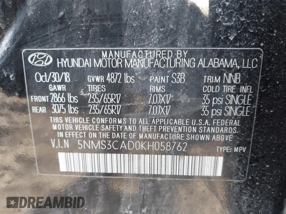 2019 Hyundai Santa Fe SEL with VIN 5NMS3CAD0KH058762, listed as a IAAI auction lot 41775703 with 49,755 mi miles. Bid and sale history available at carsss.com. Image 9.