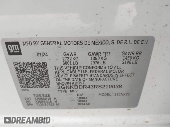 2024 Chevrolet Blazer LT с VIN 3GNKBDR43RS210038, выставлен на аукционе IAAI как лот 42144722 с пробегом 10 862 миль миль и . История ставок и продаж доступна на DreamBid. Изображение 9.