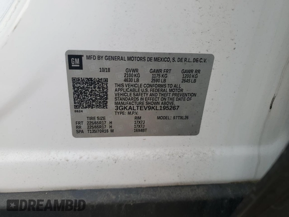 2019 GMC Terrain SLE with VIN 3GKALTEV9KL195267, listed as a Copart auction lot 64385625 with 60,331 mi miles and Salvage title. Bid and sale history available at DreamBid. Image 13.