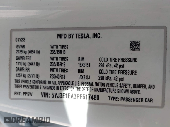 2023 Tesla Model 3 with VIN 5YJ3E1EA3PF617460, listed as a IAAI auction lot 42154401 with 9,578 mi miles and . Bid and sale history available at DreamBid. Image 9.