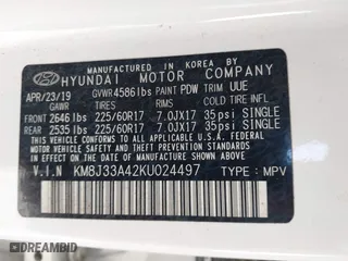 2019 Hyundai Tucson Value with VIN KM8J33A42KU024497, listed as a IAAI auction lot 41607693 with 70,792 mi miles. Bid and sale history available at carsss.com. Image 9.