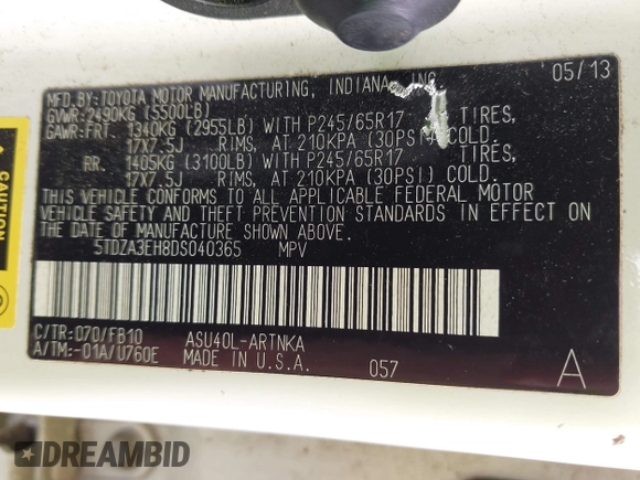 2013 Toyota Highlander with VIN 5TDZA3EH8DS040365, listed as a IAAI auction lot 41939503 with 123,581 mi miles and . Bid and sale history available at DreamBid. Image 9.
