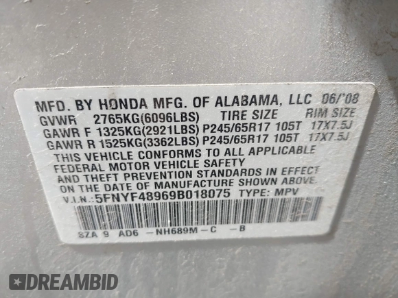 2009 Honda Pilot Touring with VIN 5FNYF48969B018075, listed as a IAAI auction lot 42052333 with 206,700 mi miles and . Bid and sale history available at carsss.com. Image 9.