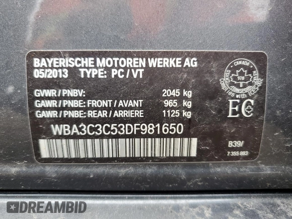 2013 BMW 3 Series 320i xDrive с VIN WBA3C3C53DF981650, выставлен на аукционе Copart как лот 58251005 с пробегом 178 714 миль миль и Списание • Salvage title. История ставок и продаж доступна на DreamBid. Изображение 12.