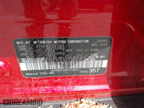 2021 Mitsubishi Outlander ES z VIN JA4ARUAU5MU007604, wystawiony jako IAAI lot #42241086 z przebiegiem 471 mil mil oraz . Historia ofert i sprzedaży dostępna na DreamBid. Obrazek 9.