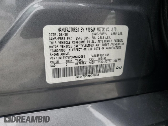 2021 Infiniti Q50 Luxe with VIN JN1EV7BP3MM702065, listed as a Copart auction lot 59577685 with 75,570 mi miles and Salvage title. Bid and sale history available at DreamBid. Image 12.