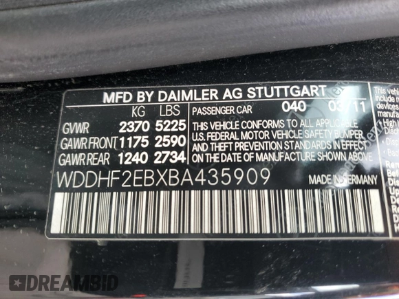 2011 Mercedes-Benz E 350 Luxury with VIN WDDHF2EBXBA435909, listed as a Copart auction lot 55822995 with 153,607 mi miles and Salvage title. Bid and sale history available at DreamBid. Image 13.