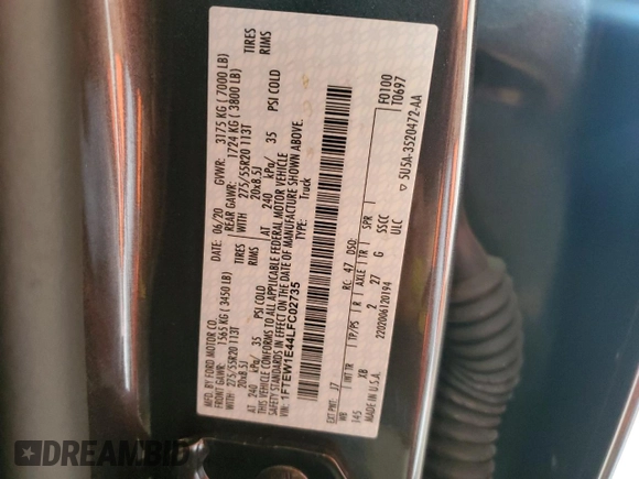 2020 Ford F-150 XL with VIN 1FTEW1E44LFC02735, listed as a Copart auction lot 62062125 with 111,471 mi miles and Salvage title. Bid and sale history available at DreamBid. Image 12.