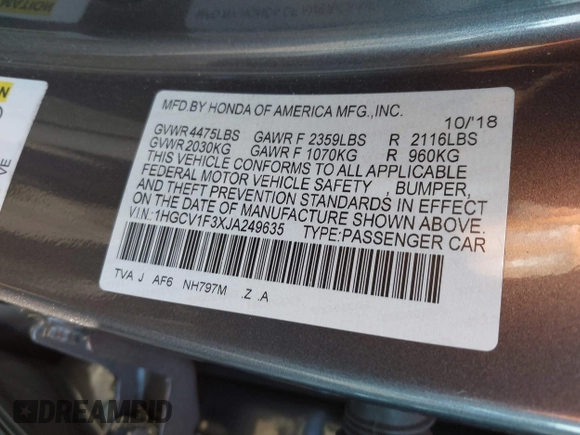 2018 Honda Accord Sedan Sport 1.5T with VIN 1HGCV1F3XJA249635, listed as a IAAI auction lot 40832285 with 89,762 mi miles. Bid and sale history available at carsss.com. Image 9.