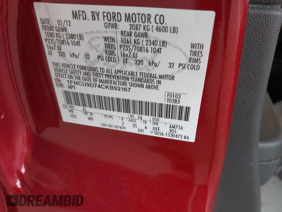 2012 Ford Escape XLT with VIN 1FMCU9D74CKB92167, listed as a IAAI auction lot 42618310 with Not provided miles and . Bid and sale history available at DreamBid. Image 9.