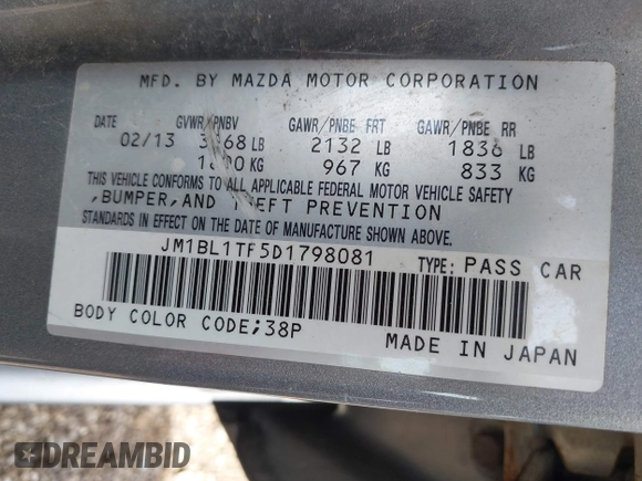 2013 Mazda 3 i SV with VIN JM1BL1TF5D1798081, listed as a IAAI auction lot 42091117 with 137,669 mi miles. Bid and sale history available at carsss.com. Image 9.