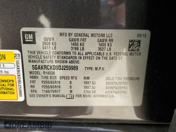 2013 Buick Enclave Leather with VIN 5GAKRCKD9DJ259989, listed as a Copart auction lot 52593795 with 0 mi miles and Non Repairable. Bid and sale history available at carsss.com. Image 13.