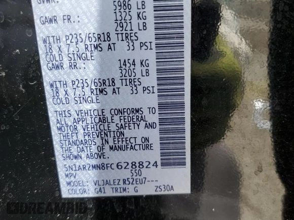 2015 Nissan Pathfinder SV with VIN 5N1AR2MN8FC628824, listed as a Copart auction lot 54905785 with 91,158 mi miles and Salvage title. Bid and sale history available at DreamBid. Image 14.