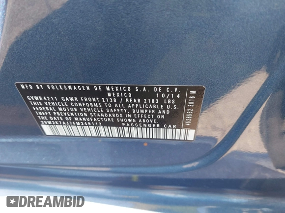 2015 Volkswagen Jetta S with VIN 3VW2K7AJ7FM249112, listed as a IAAI auction lot 42661446 with 124,541 mi miles and . Bid and sale history available at DreamBid. Image 9.