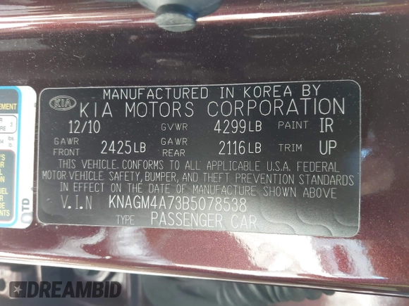 2011 Kia Optima LX with VIN KNAGM4A73B5078538, listed as a IAAI auction lot 41694077 with 217,822 mi miles and . Bid and sale history available at DreamBid. Image 9.