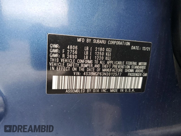 2022 Subaru Legacy Touring XT with VIN 4S3BWGP63N3012577, listed as a Copart auction lot 49430095 with 13,137 mi miles and Salvage title. Bid and sale history available at DreamBid. Image 12.