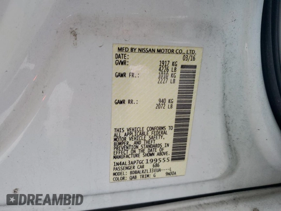 2016 Nissan Altima SR z VIN 1N4AL3AP7GC199555, wystawiony jako Copart lot #57250315 z przebiegiem 210 826 mil mil oraz Szkoda całkowita • Salvage title. Historia ofert i sprzedaży dostępna na DreamBid. Obrazek 12.
