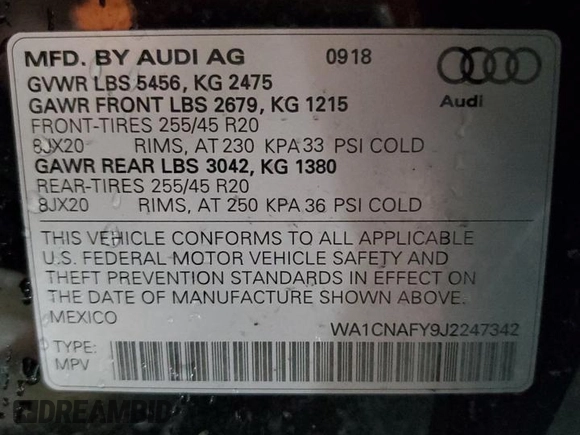 2018 Audi Q5 Prestige with VIN WA1CNAFY9J2247342, listed as a Copart auction lot 52564445 with 60,295 mi miles and Salvage Title. Bid and sale history available at DreamBid. Image 14.