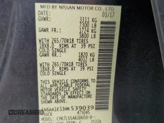 2017 Nissan Titan SV z VIN 1N6AA1E53HN539039, wystawiony jako Copart lot #58236775 z przebiegiem 67 033 mil mil oraz Szkoda całkowita • Salvage title. Historia ofert i sprzedaży dostępna na DreamBid. Obrazek 12.