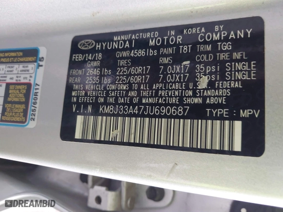 2018 Hyundai Tucson SEL with VIN KM8J33A47JU690687, listed as a IAAI auction lot 41515092 with 65,747 mi miles. Bid and sale history available at carsss.com. Image 9.