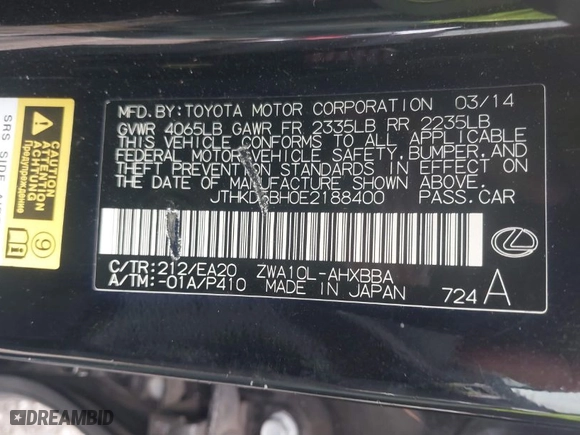 2014 Lexus CT 200h Hybrid with VIN JTHKD5BH0E2188400, listed as a IAAI auction lot 41766759 with 241,908 mi miles. Bid and sale history available at carsss.com. Image 9.