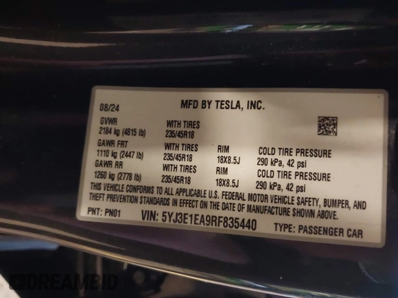 2024 Tesla Model 3 with VIN 5YJ3E1EA9RF835440, listed as a IAAI auction lot 41255559 with 4,789 mi miles. Bid and sale history available at carsss.com. Image 9.
